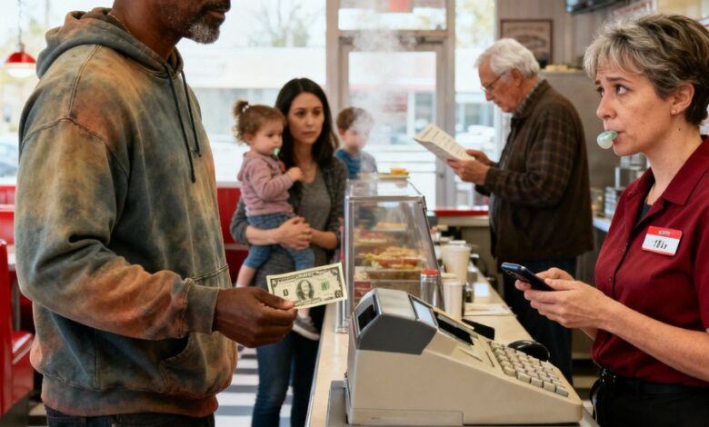 He chose his downtown branch, the one he opened first, where his mother used to help cook pies, As he crossed the street, he felt the buzz of cars and early-morning walkers, The smell of sizzling bacon drifted into the air, His heart beat faster, Inside the diner, the familiar red booths and checkered floor greeted him